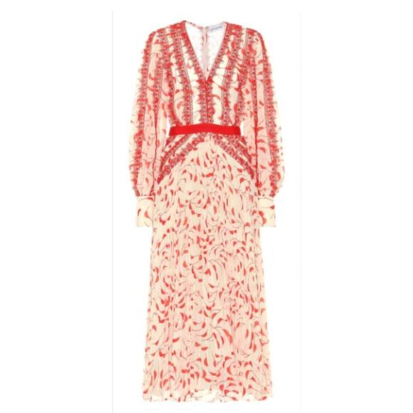 Kuan Wen Crescent Georgette Maxi dress Long Sleeve Lace Cream & Red size L - Picture 1 of 12